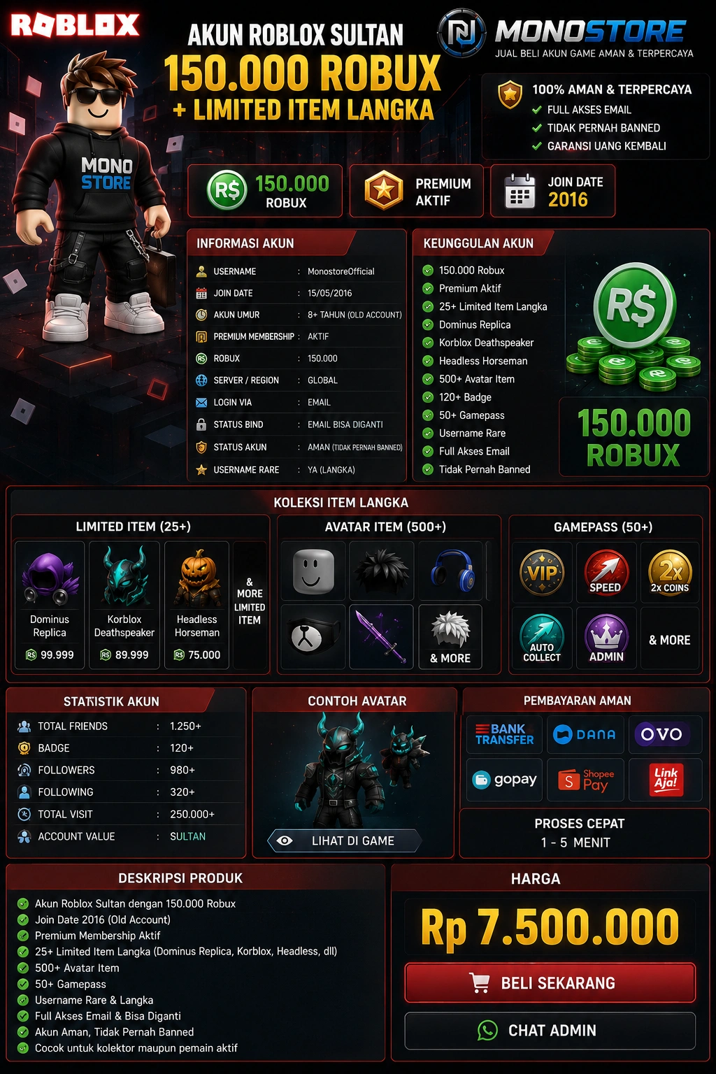 Akun Roblox Sultan 150.000 Robux + Limited Item Langka