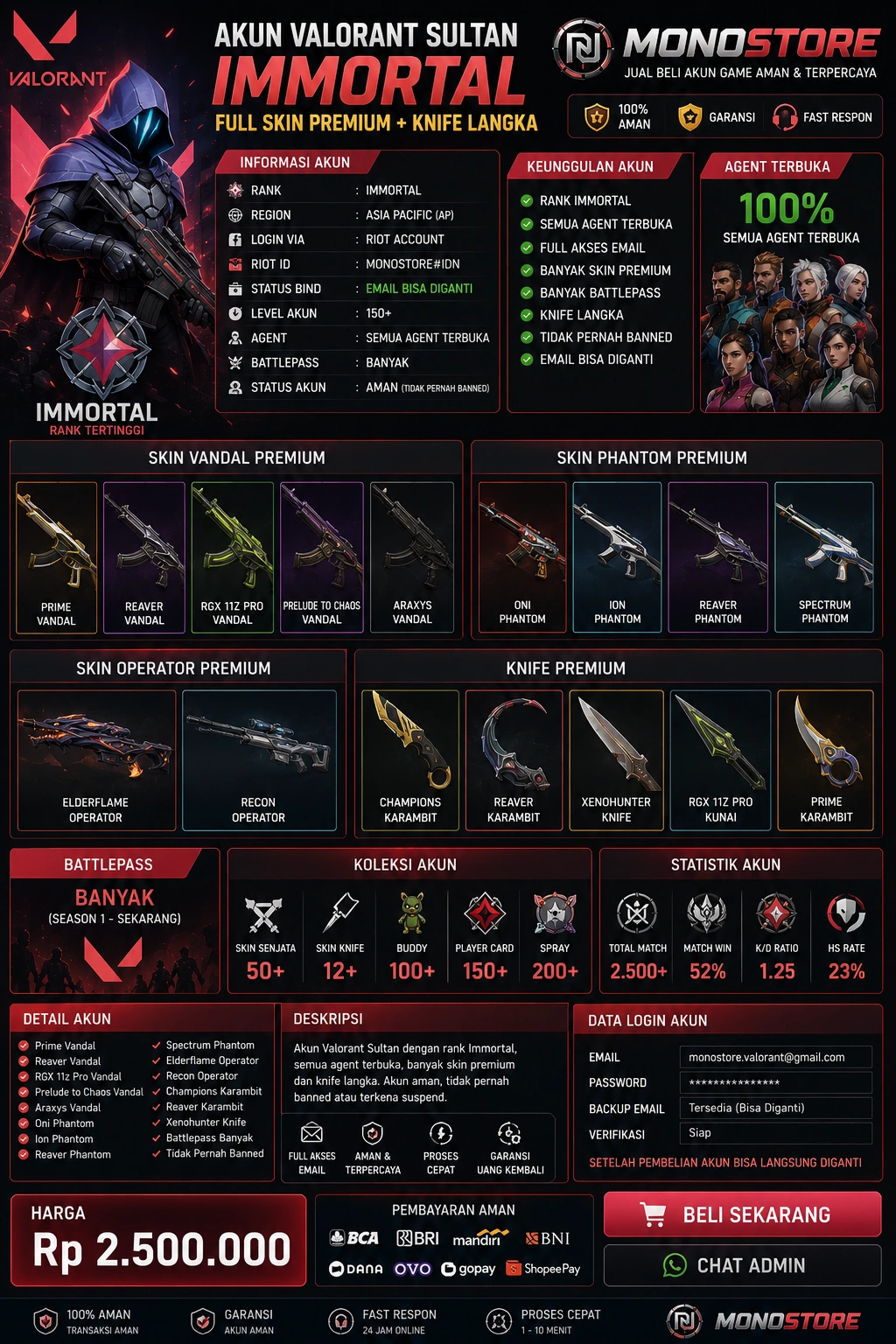 Akun Valorant Immortal Full Skin Premium + Knife Langka